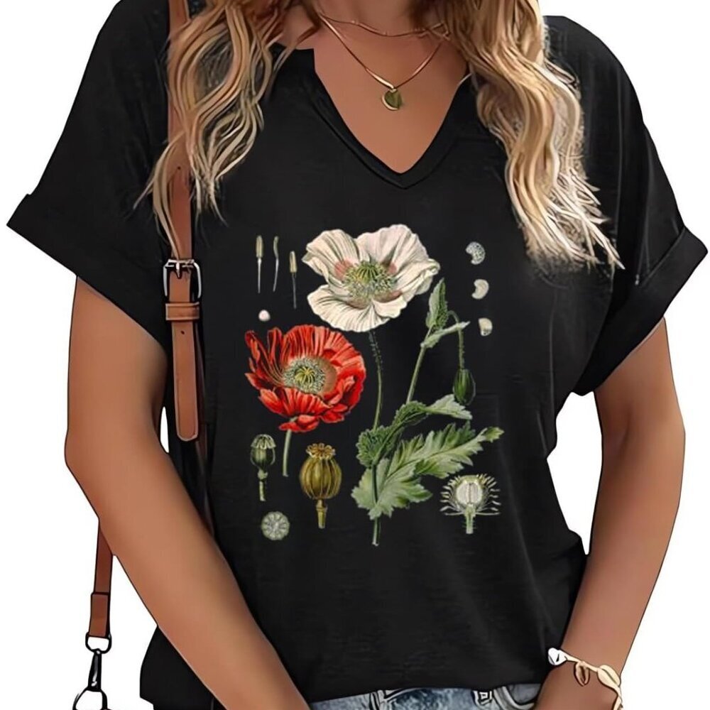Vintage Flowers V Neck Shirt for Women Boho Floral Wildflowers Graphic Tee Casua